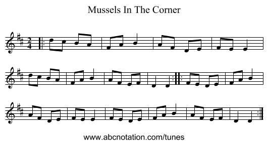 Mussels In The Corner - staff notation