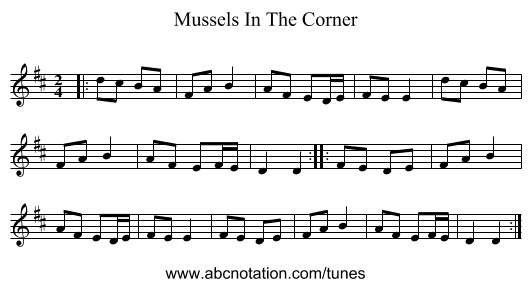 Mussels In The Corner - staff notation