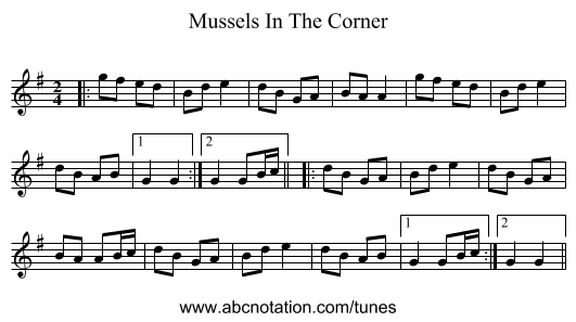 Mussels In The Corner - staff notation