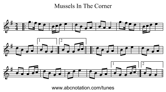 Mussels In The Corner - staff notation