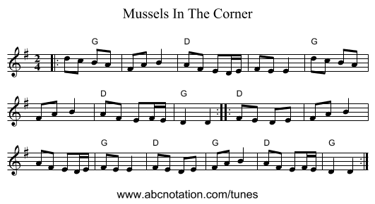 Mussels In The Corner - staff notation