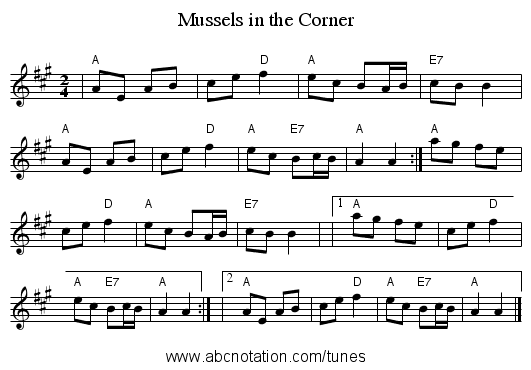 Mussels in the Corner - staff notation