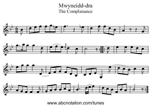 Mwyneidd-dra - staff notation