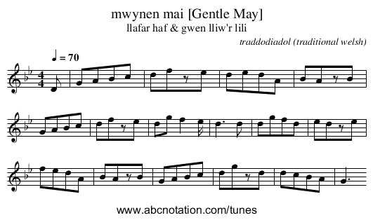 mwynen mai [Gentle May] - staff notation