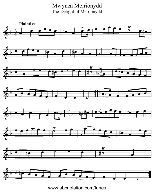 Mwynen Meirionydd - staff notation