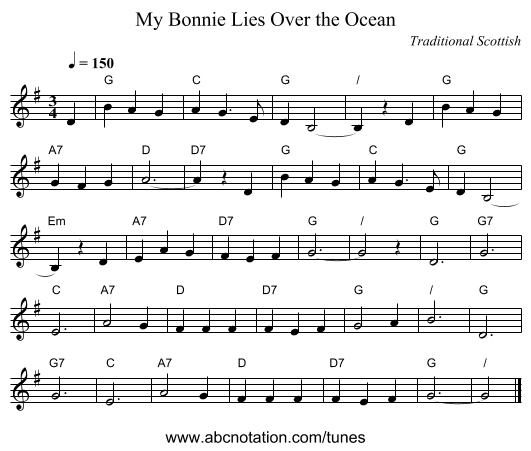 My Bonnie Lies Over the Ocean - staff notation