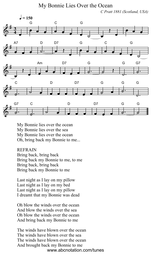 My Bonnie Lies Over the Ocean - staff notation