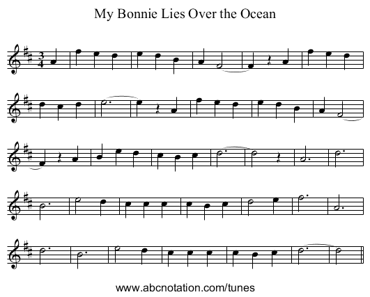 My Bonnie Lies Over the Ocean - staff notation
