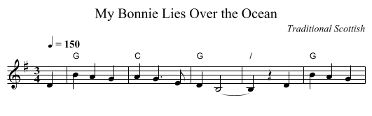 My Bonnie Lies Over the Ocean - staff notation
