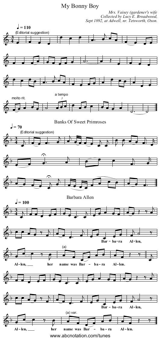 My Bonny Boy - staff notation