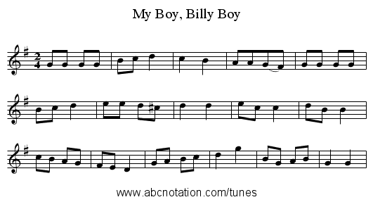 My Boy, Billy Boy - staff notation
