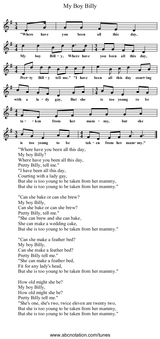 My Boy Billy - staff notation
