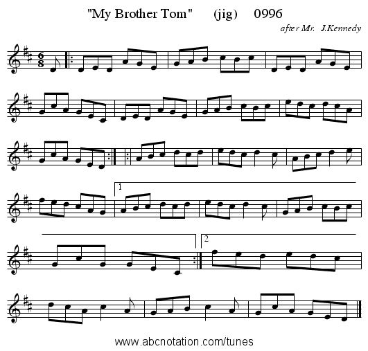 My Brother Tom      (jig)     0996 - staff notation