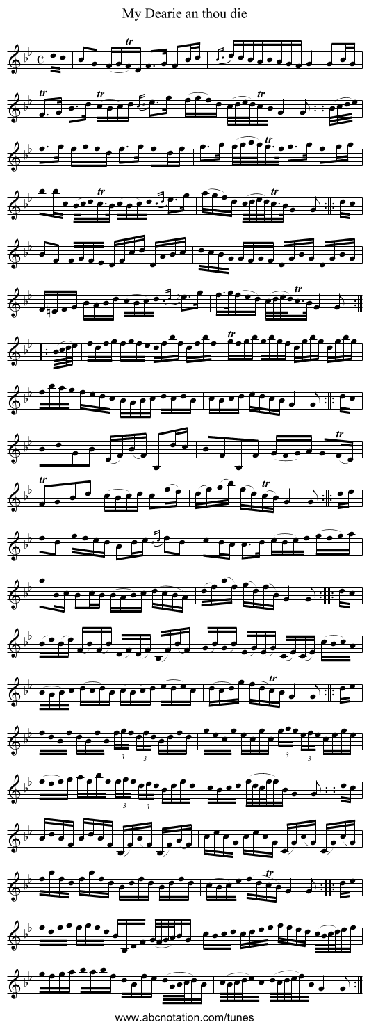 My Dearie an thou die - staff notation