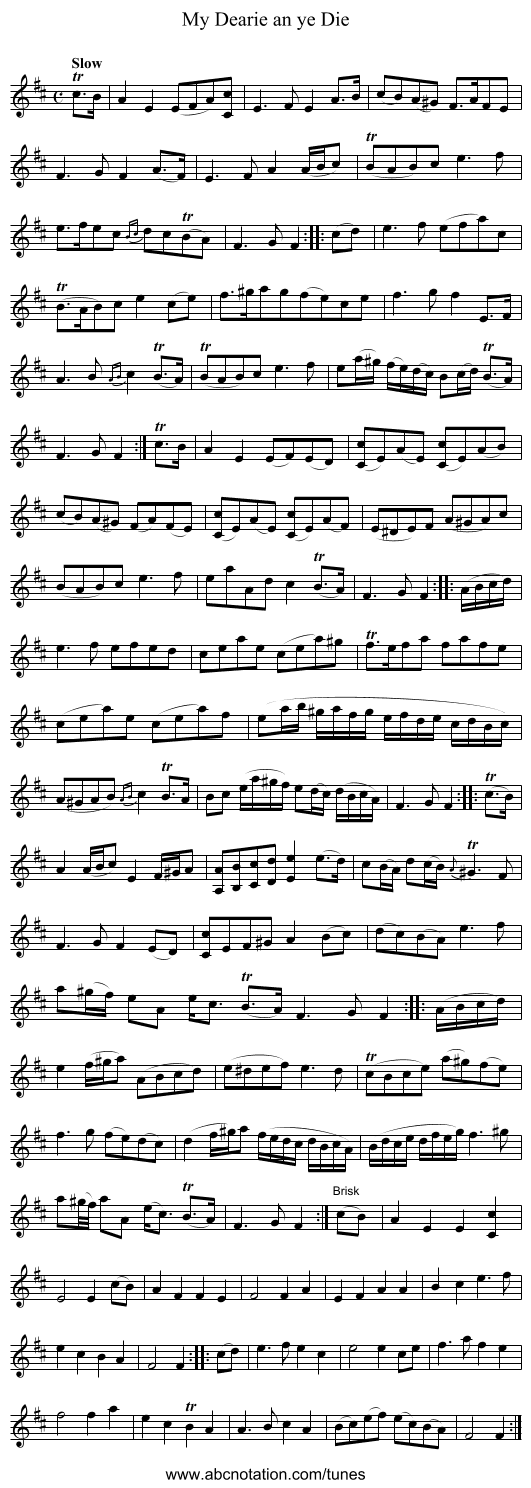 My Dearie an ye Die - staff notation