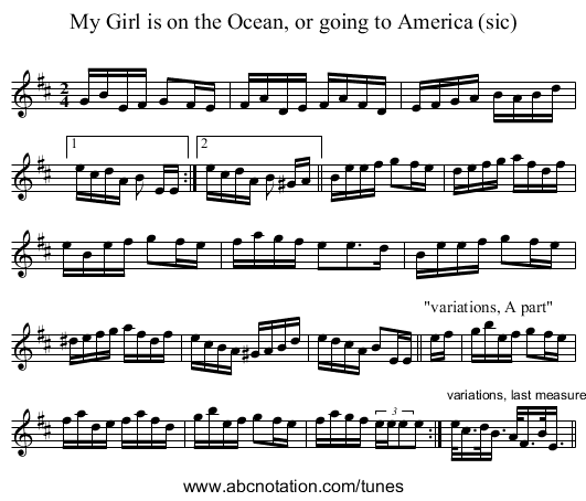 My Girl is on the Ocean, or going to America (sic) - staff notation