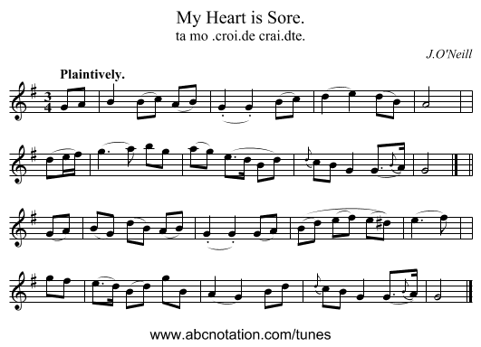 My Heart is Sore. - staff notation