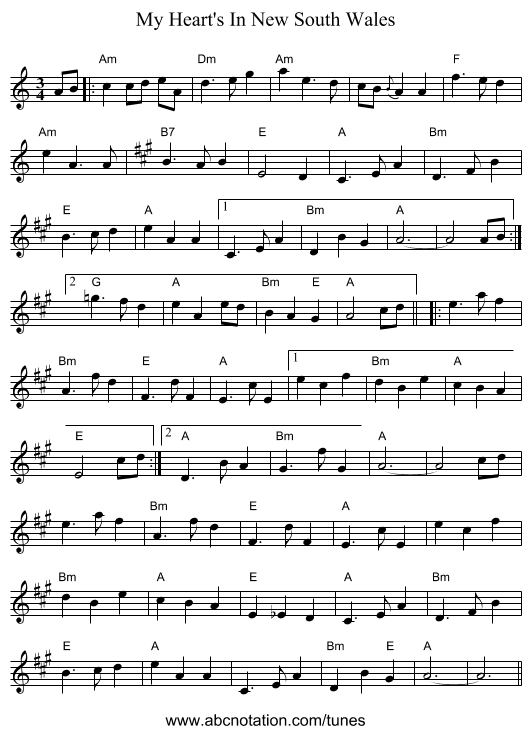 My Heart's In New South Wales - staff notation
