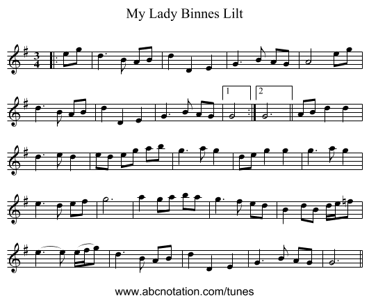 My Lady Binnes Lilt - staff notation