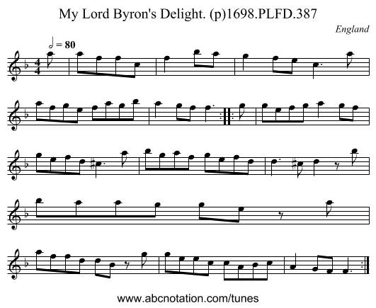 My Lord Byron's Delight. (p)1698.PLFD.387 - staff notation