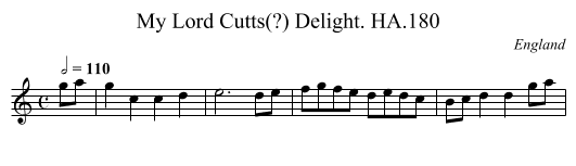 My Lord Cutts(?) Delight. HA.180 - staff notation