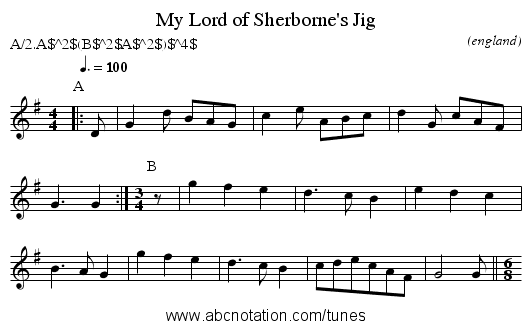 My Lord of Sherborne's Jig - staff notation