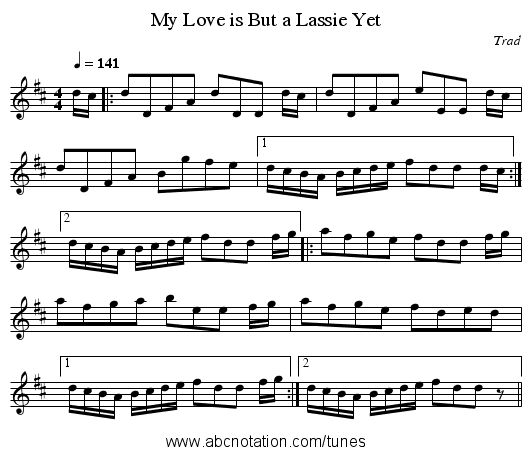 My Love is But a Lassie Yet - staff notation