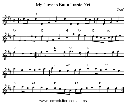 My Love is But a Lassie Yet - staff notation