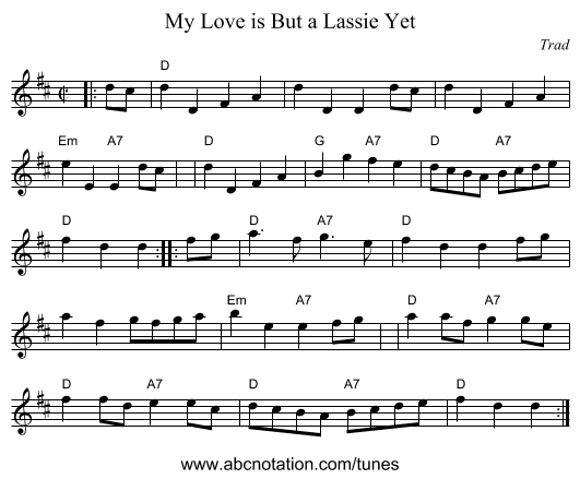 My Love is But a Lassie Yet - staff notation