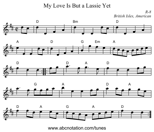 My Love Is But a Lassie Yet - staff notation