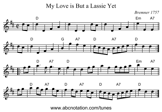 My Love is But a Lassie Yet - staff notation