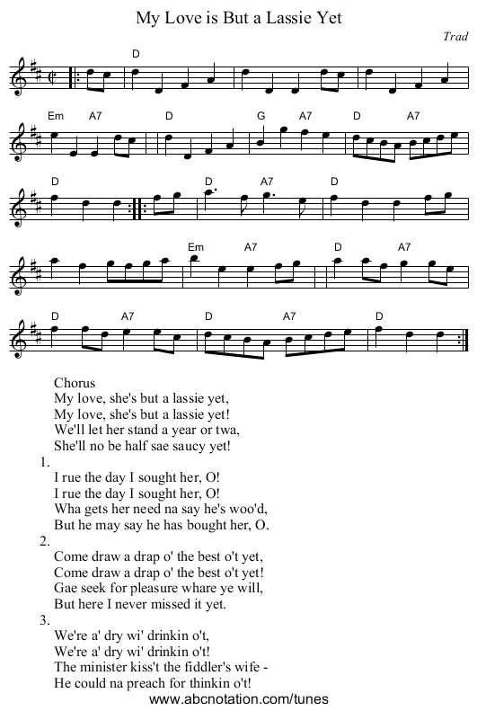 My Love is But a Lassie Yet - staff notation
