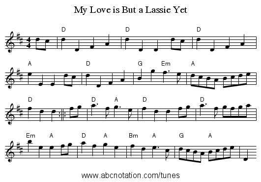 My Love is But a Lassie Yet - staff notation