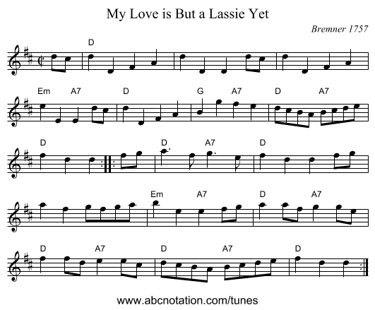 My Love is But a Lassie Yet - staff notation
