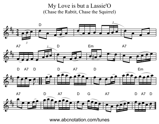 My Love is but a Lassie'O - staff notation