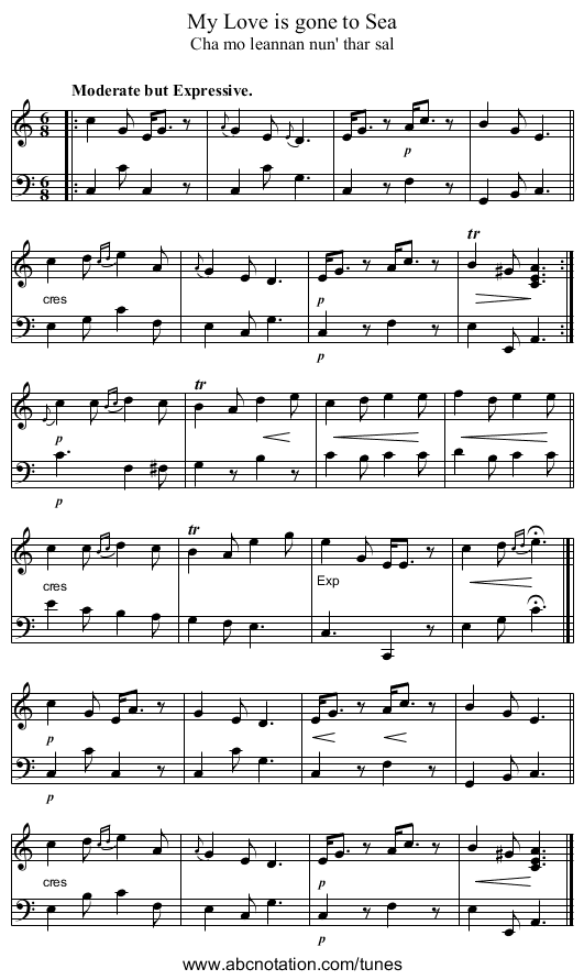 My Love is gone to Sea - staff notation
