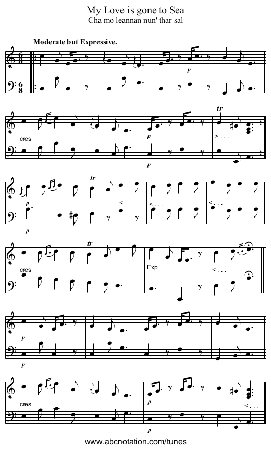 My Love is gone to Sea - staff notation