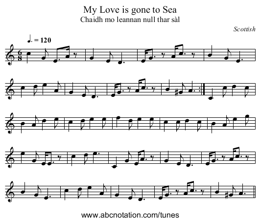 My Love is gone to Sea - staff notation