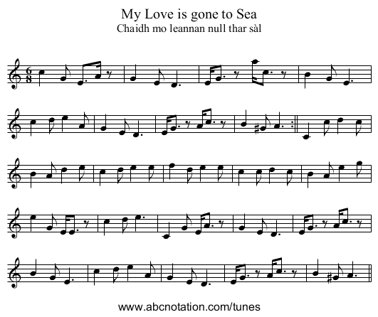 My Love is gone to Sea - staff notation