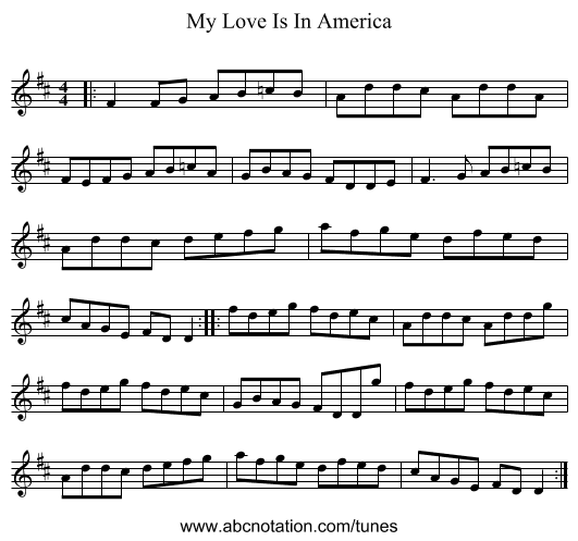 My Love Is In America - staff notation