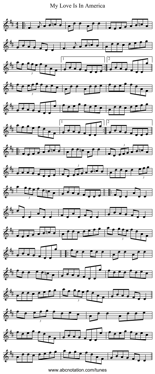 My Love Is In America - staff notation