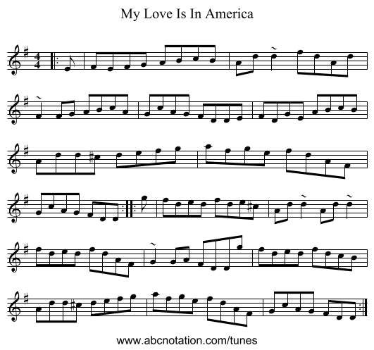 My Love Is In America - staff notation