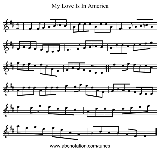 My Love Is In America - staff notation