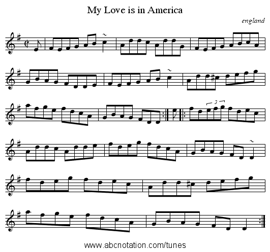 My Love is in America - staff notation