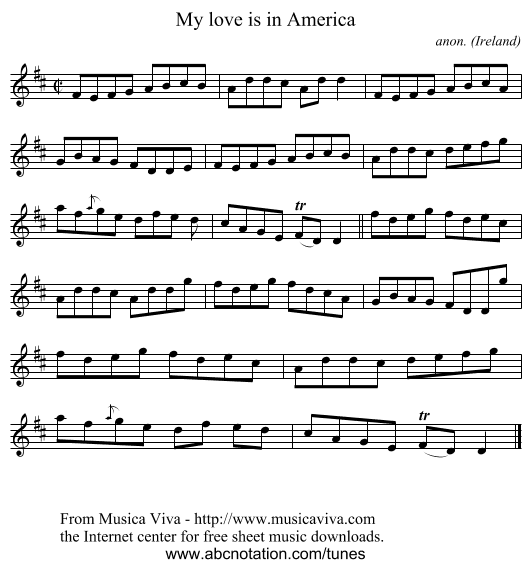 My love is in America - staff notation