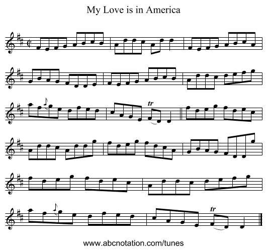 My Love is in America - staff notation