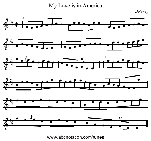 My Love is in America - staff notation