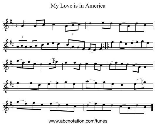 My Love is in America - staff notation