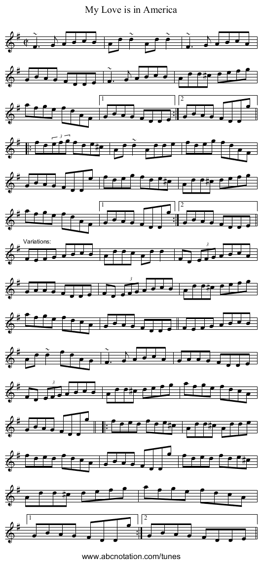 My Love is in America - staff notation