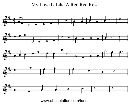 My Love Is Like A Red Red Rose - staff notation